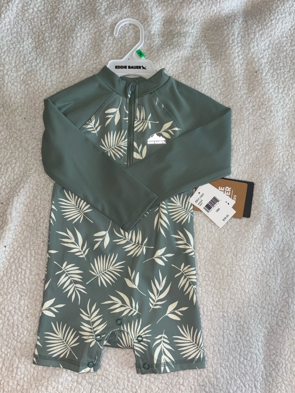 Eddie Bauer Olive Green & Cream Palm-Print Baby Swim Rash Guard 18 months